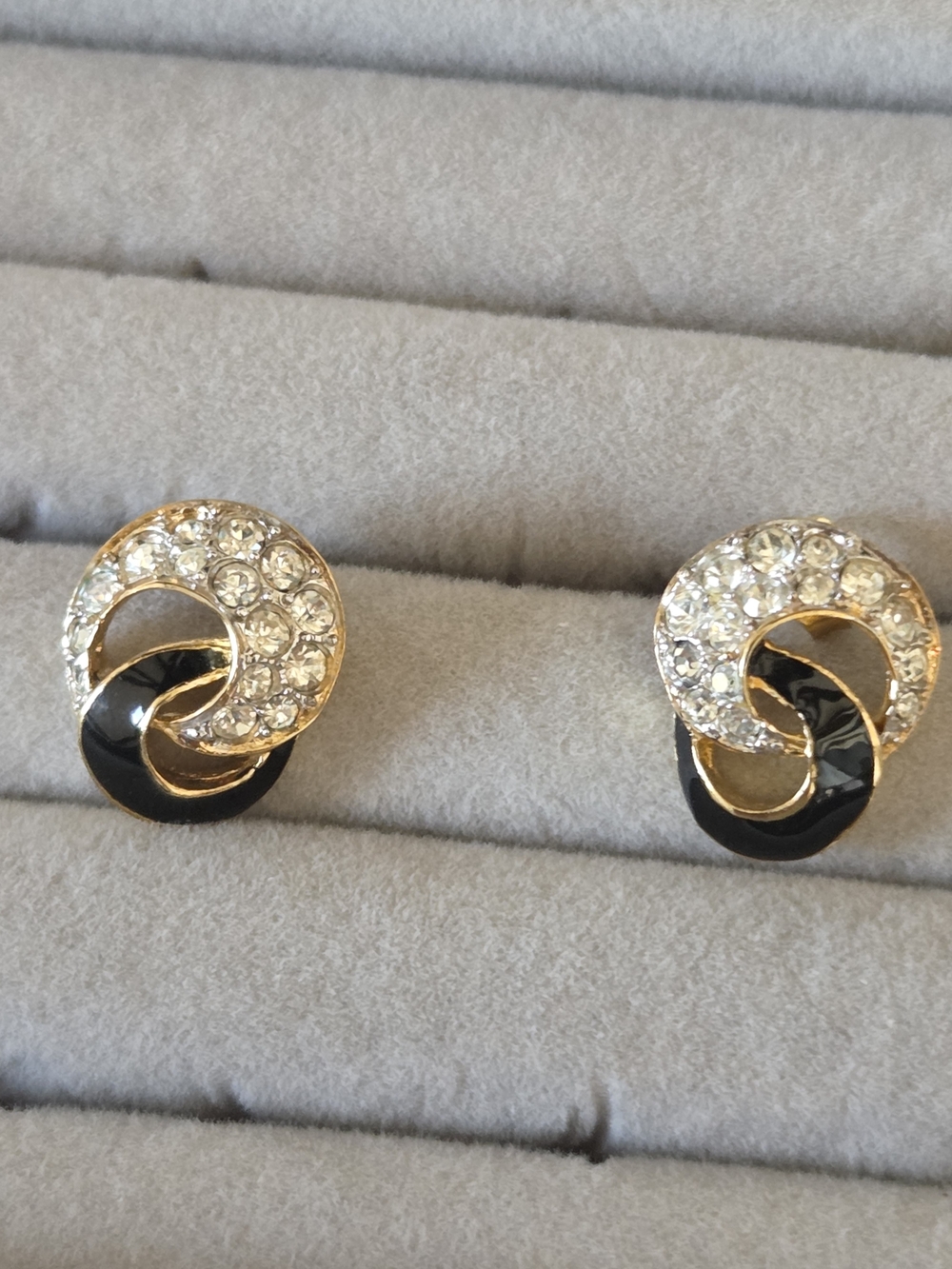 Crystal and Black Enamel Interlocking Circle Earrings - Gold Tone